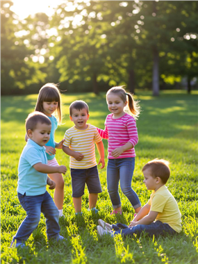 一群可爱的孩子在草地上嬉戏玩耍图片